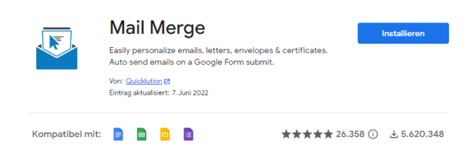 Mail Merge Serienbrief App im Google Workspace Marketplace.