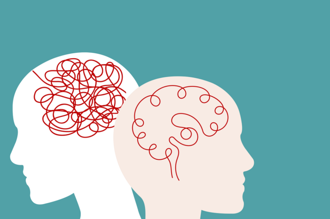 Zwei Gehirne, die unterschiedliche mentale Zustände zeigen: Ordnung und Verwirrung.